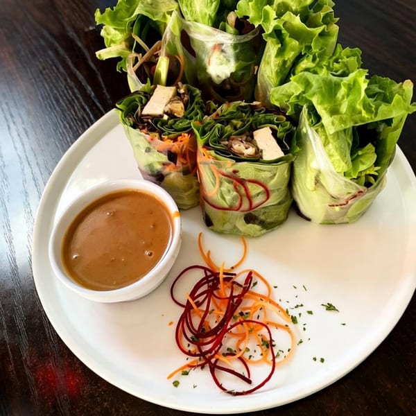 Vegan spring rolls with peanut sauce and shredded carrots on a white plate.