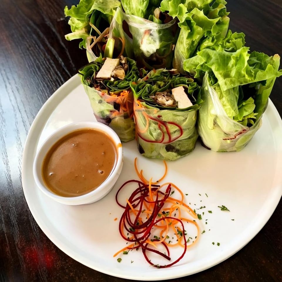 Vegan spring rolls with peanut sauce and shredded carrots on a white plate.
